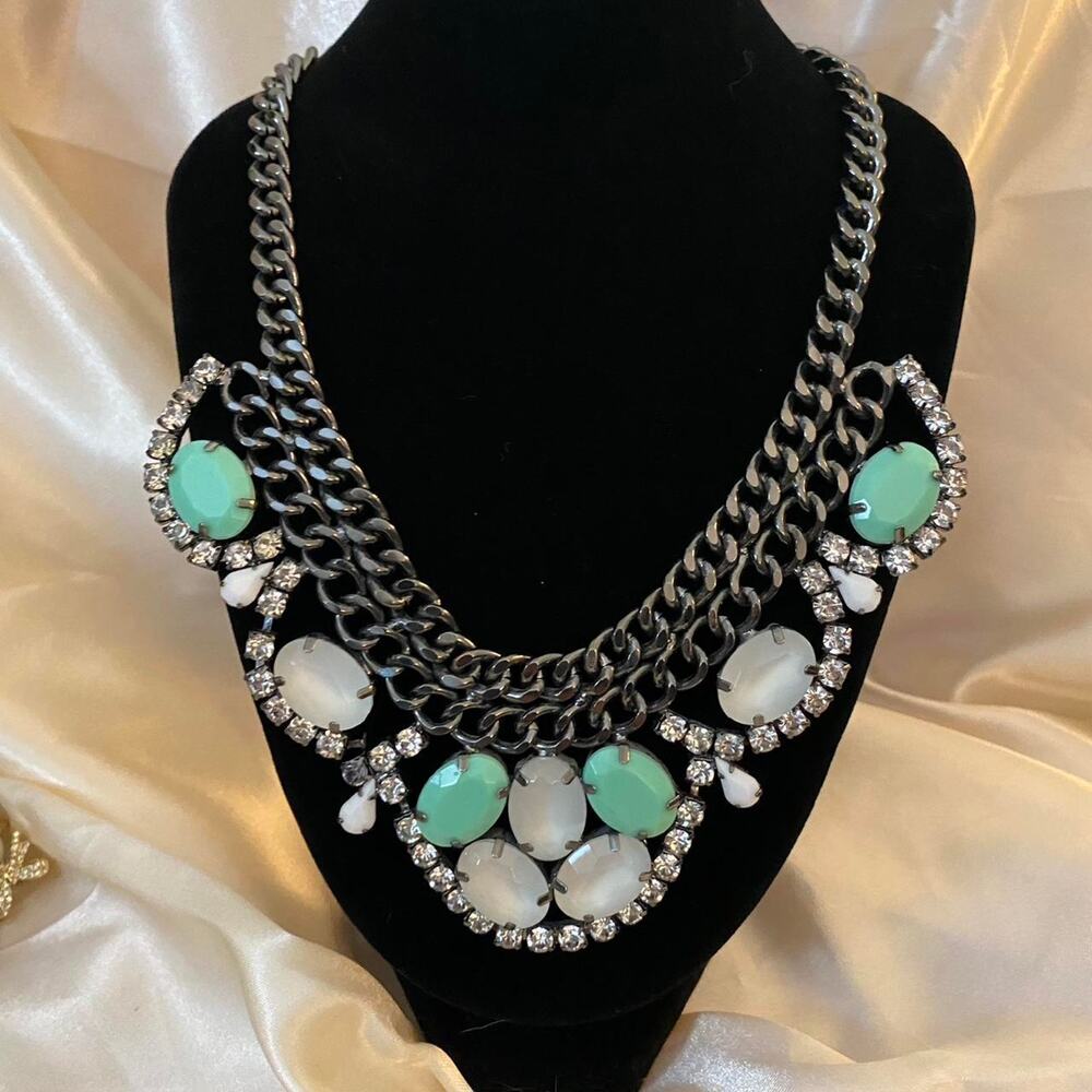 Silver and green statement necklace